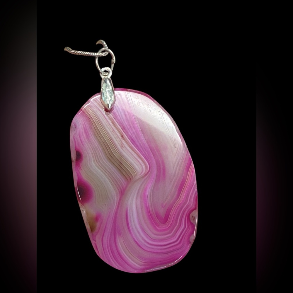 Pink Agate Slice Pendant Necklace on 18” Silver Plated Chain